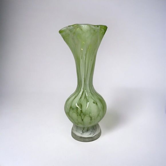 Art Glass Vase Hand Blown Green White Ruffled Rim Small 6.5" Tall Decor Flowers - Picture 1 of 10